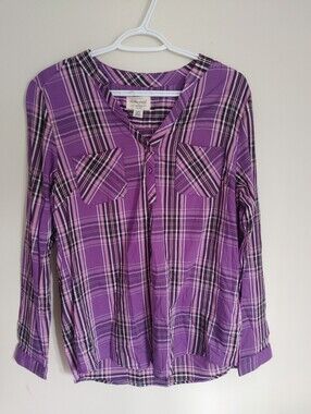 Weatherproof Purple Plaid Button Front Blouse